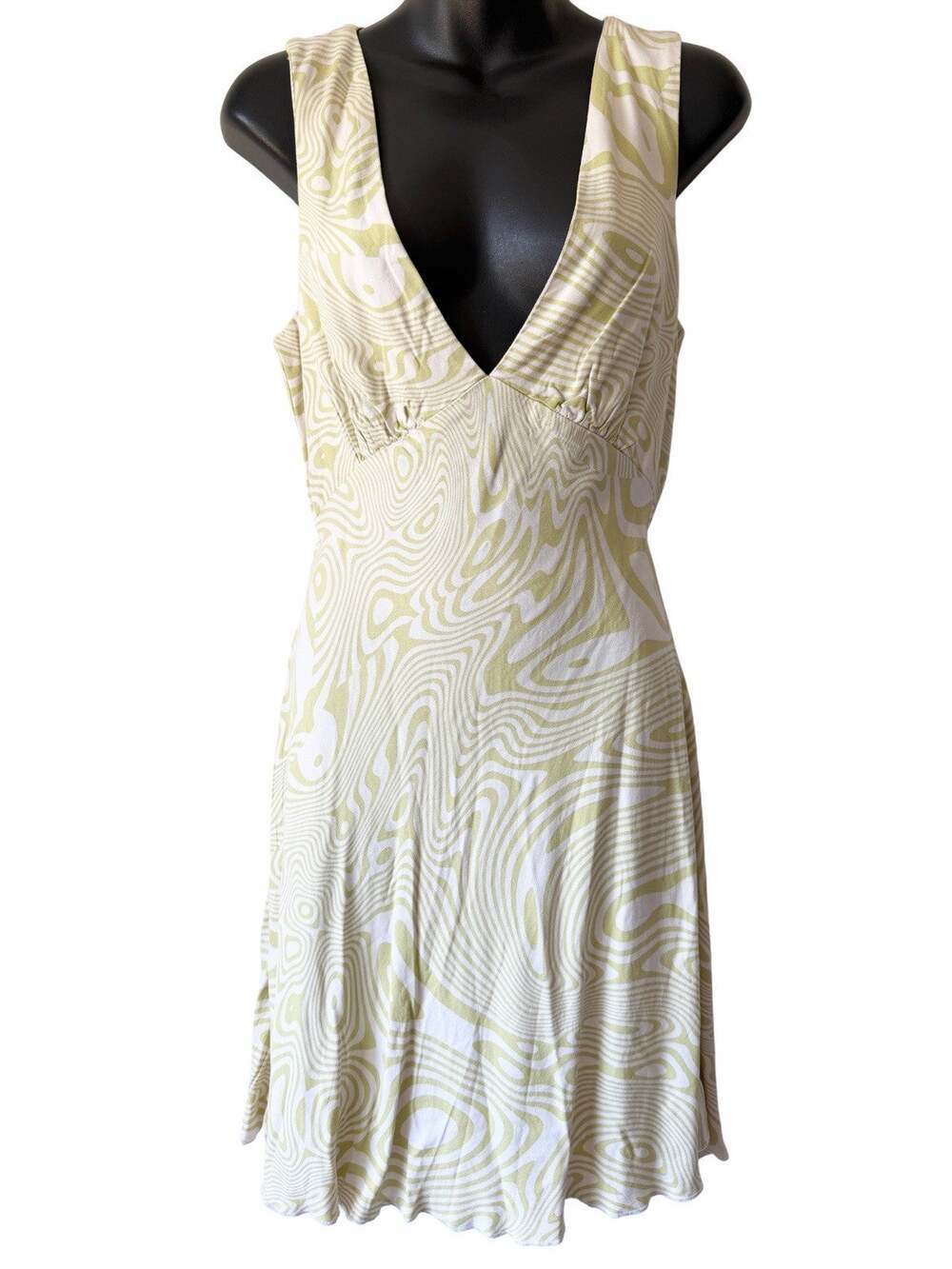 Roark Moonlight V-Neck Mini Dress Pear Yellow Green Marble Swirl Womens XS Retro